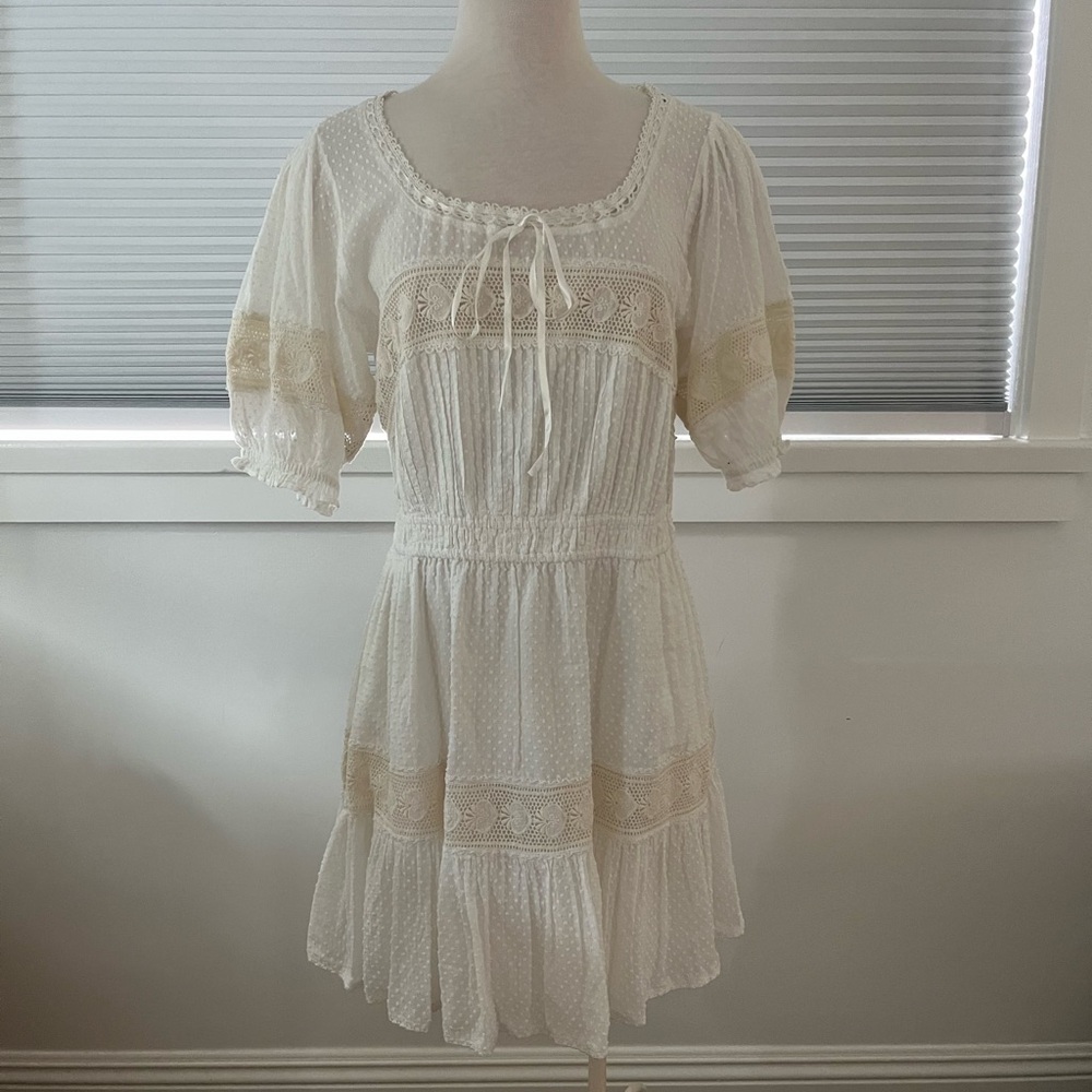 LoveShackFancy White and Cream Mini Sundress with Ruffled Puff Sleeves